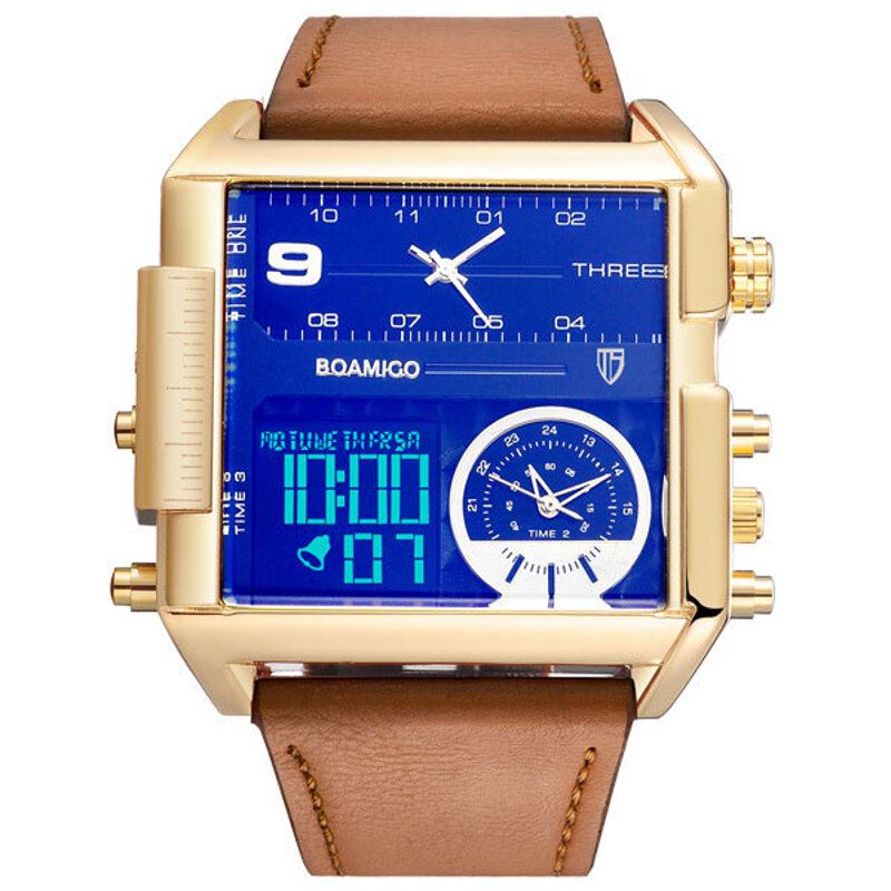 Mode Mænd Digital Watch Creative Dial Week Month Display Chronograph 3 Time Zone Læderrem Dual Display Watch