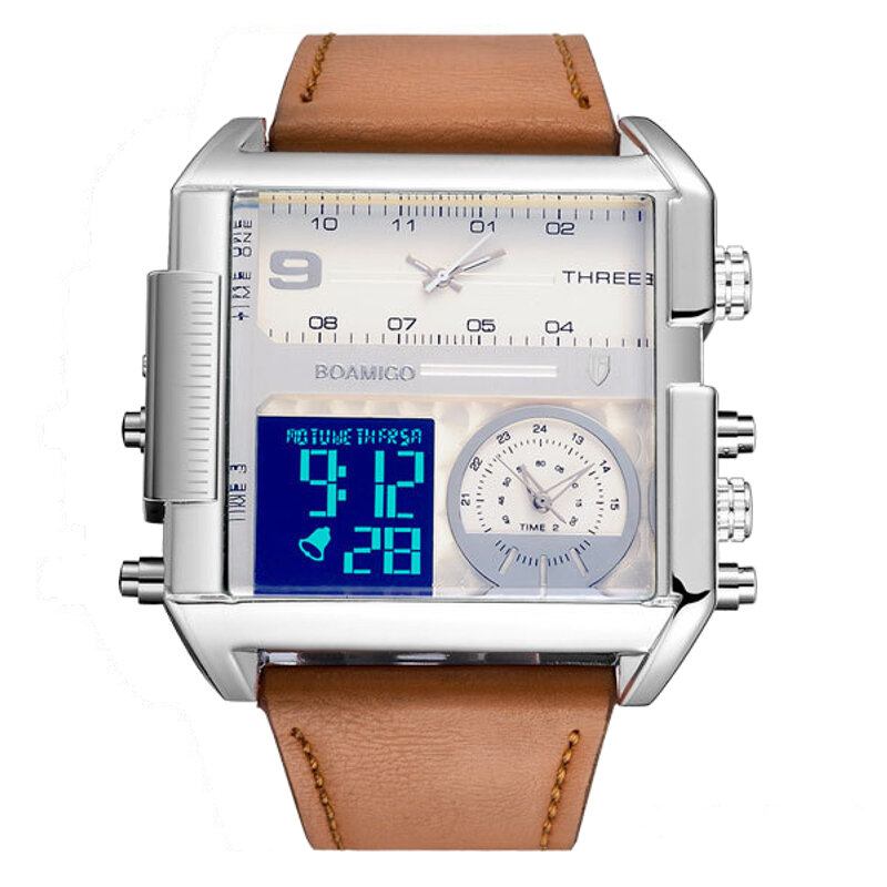 Mode Mænd Digital Watch Creative Dial Week Month Display Chronograph 3 Time Zone Læderrem Dual Display Watch