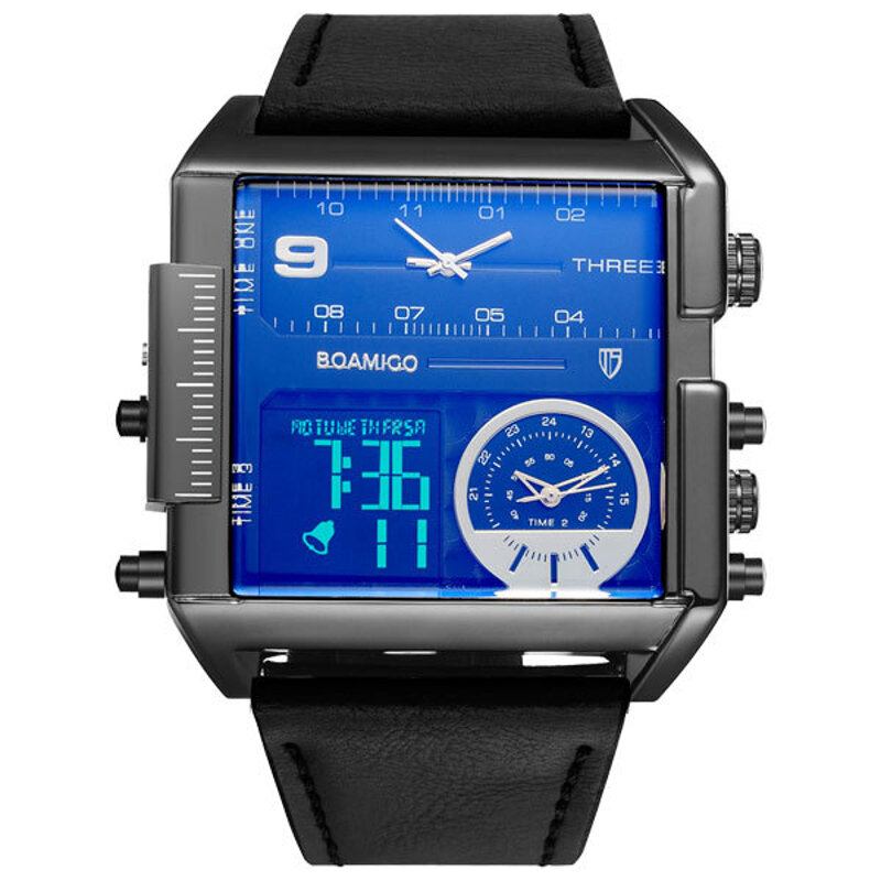 Mode Mænd Digital Watch Creative Dial Week Month Display Chronograph 3 Time Zone Læderrem Dual Display Watch