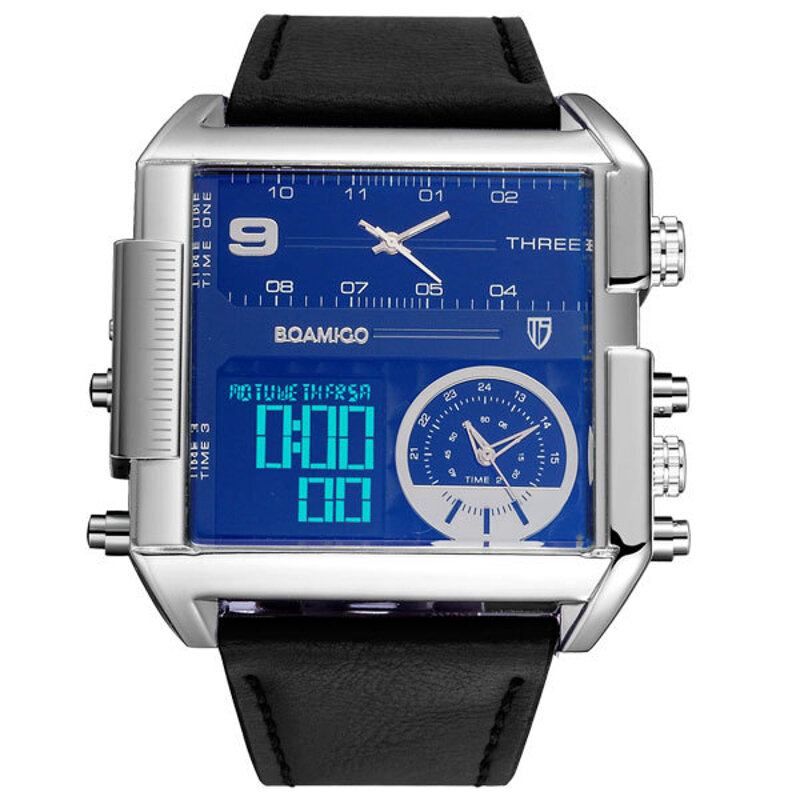 Mode Mænd Digital Watch Creative Dial Week Month Display Chronograph 3 Time Zone Læderrem Dual Display Watch