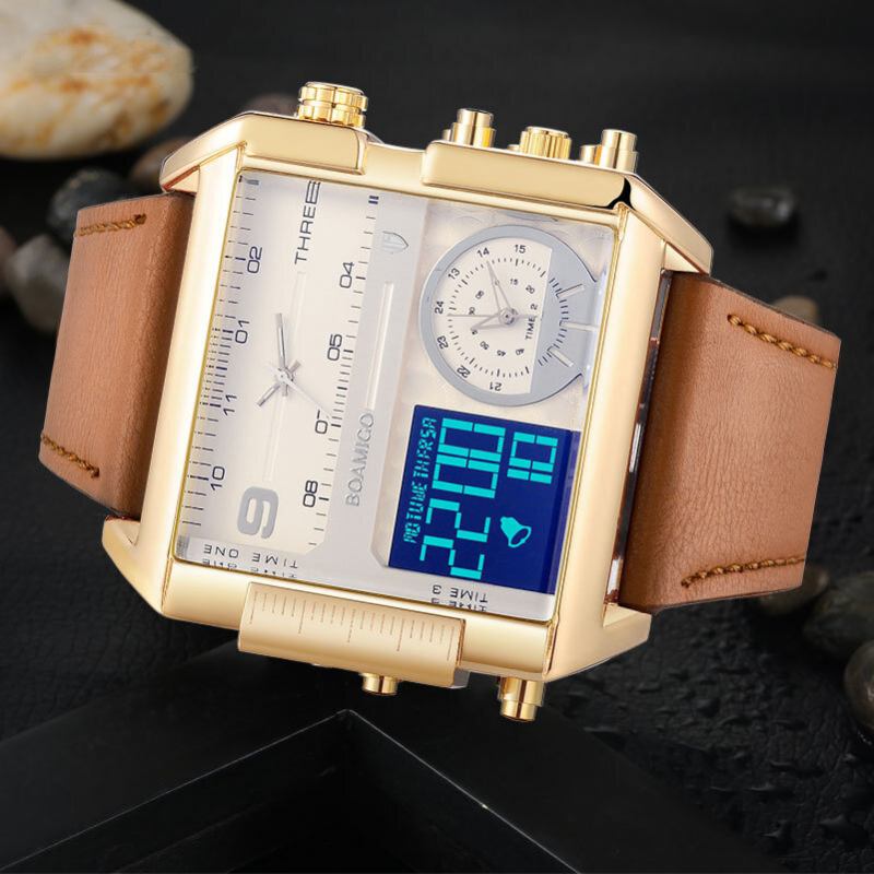 Mode Mænd Digital Watch Creative Dial Week Month Display Chronograph 3 Time Zone Læderrem Dual Display Watch