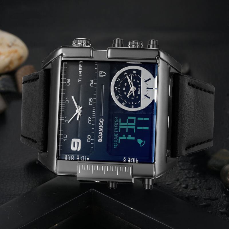 Mode Mænd Digital Watch Creative Dial Week Month Display Chronograph 3 Time Zone Læderrem Dual Display Watch