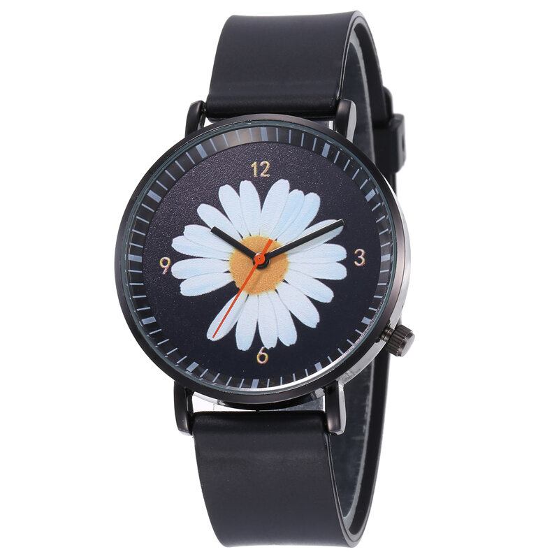 Mode Søde Dameure Stor Trehåndsskive Sort Tredimensionelt Little Daisy Quartz Watch