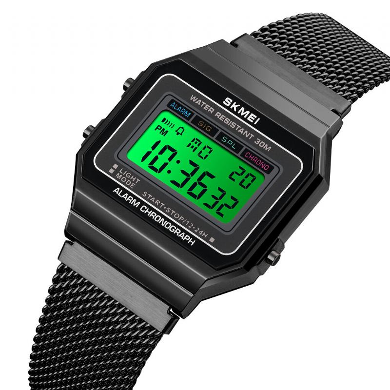 Mode Stopur Lysende Display Herre Vandtæt Ur Mesh Strap Digital Watch