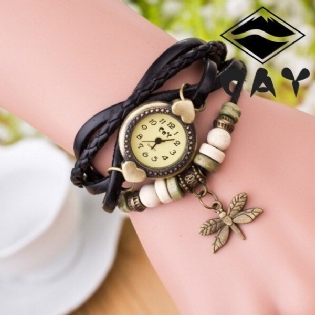 Mode Vintage Multi-layer Dragonfly Pendant Beaded Armbånd Quartz Watch Armbåndsur