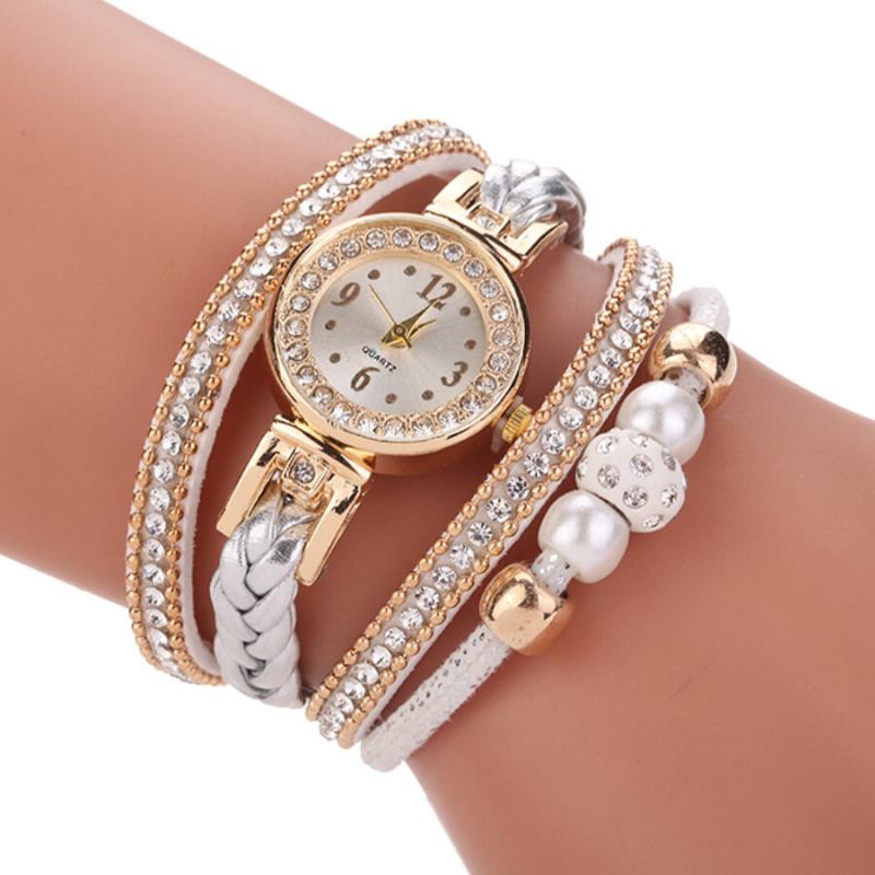 Modestil Kvinder Perleflettet Legering Damer Armbåndsur Laide Dress Quartz Watch Armbånd