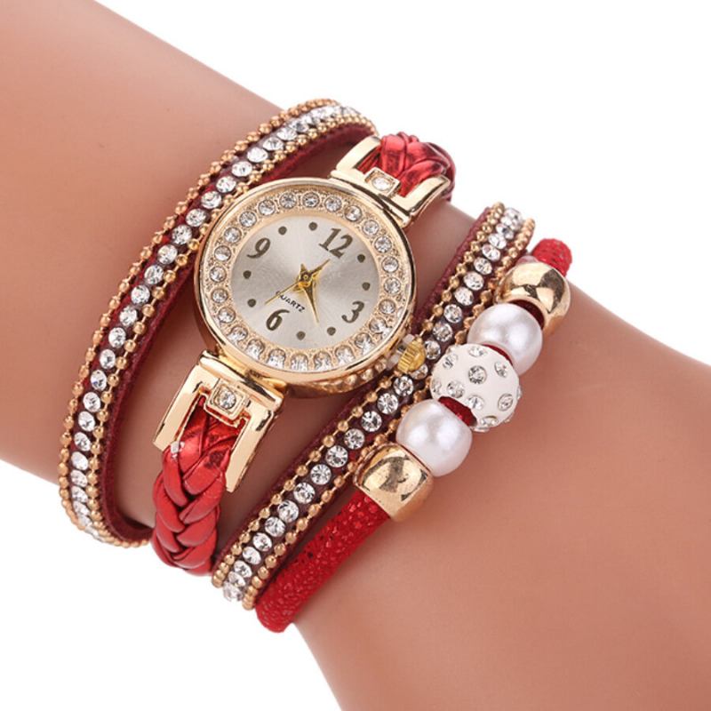 Modestil Kvinder Perleflettet Legering Damer Armbåndsur Laide Dress Quartz Watch Armbånd