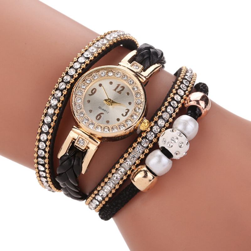 Modestil Kvinder Perleflettet Legering Damer Armbåndsur Laide Dress Quartz Watch Armbånd