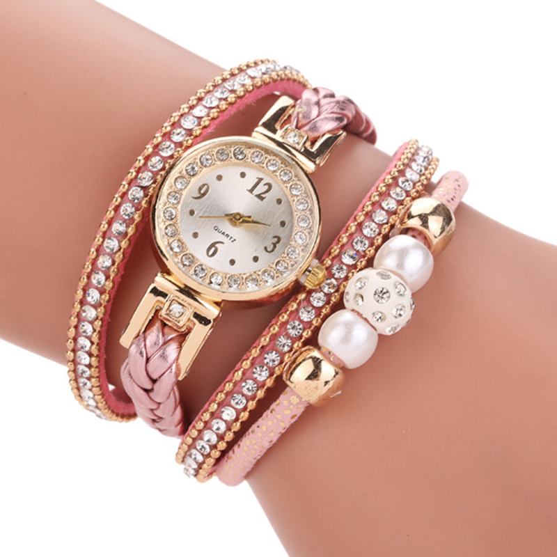 Modestil Kvinder Perleflettet Legering Damer Armbåndsur Laide Dress Quartz Watch Armbånd