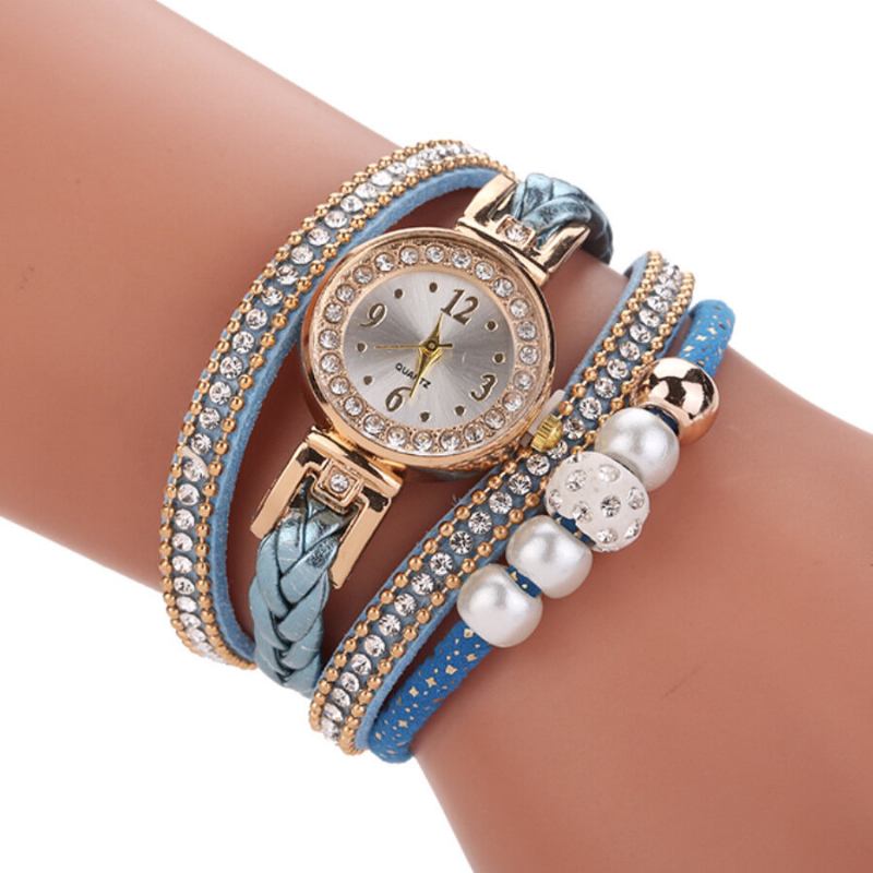 Modestil Kvinder Perleflettet Legering Damer Armbåndsur Laide Dress Quartz Watch Armbånd