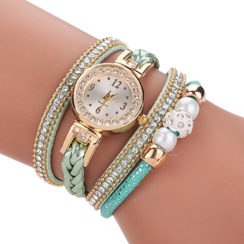 Modestil Kvinder Perleflettet Legering Damer Armbåndsur Laide Dress Quartz Watch Armbånd