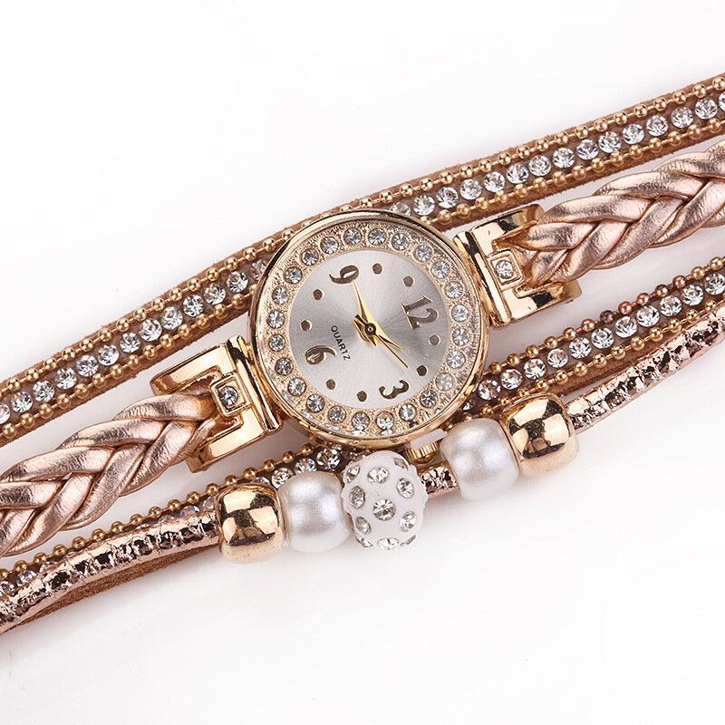 Modestil Kvinder Perleflettet Legering Damer Armbåndsur Laide Dress Quartz Watch Armbånd