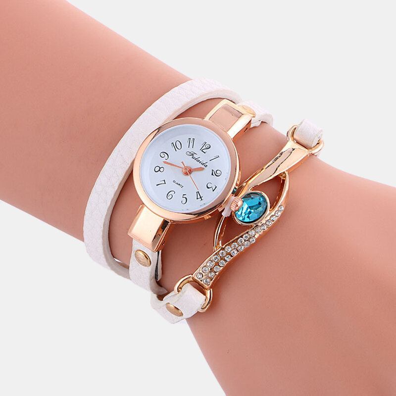 Retro Pu-rem Rhinestone Flerlags Dameur Metal Blå Krystal Justerbart Armbåndsur Quartz Watch