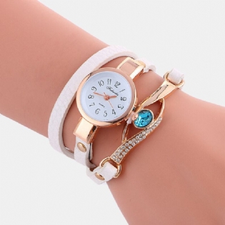 Retro Pu-rem Rhinestone Flerlags Dameur Metal Blå Krystal Justerbart Armbåndsur Quartz Watch