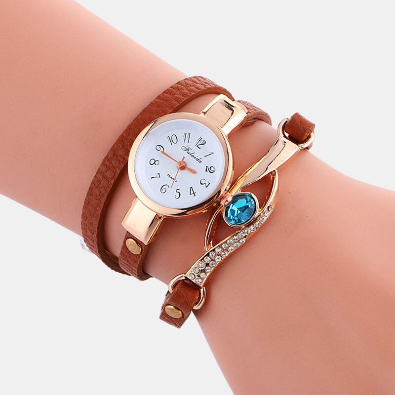 Retro Pu-rem Rhinestone Flerlags Dameur Metal Blå Krystal Justerbart Armbåndsur Quartz Watch