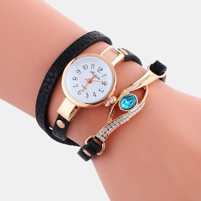 Retro Pu-rem Rhinestone Flerlags Dameur Metal Blå Krystal Justerbart Armbåndsur Quartz Watch