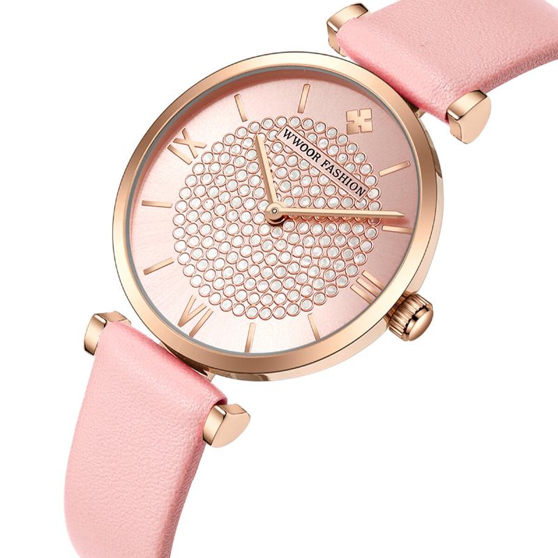 Sky Diamond Dial Damearmbåndsur Læderurbånd Quartz Watch