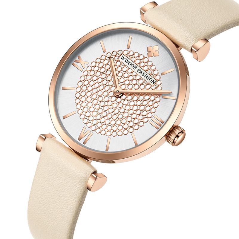 Sky Diamond Dial Damearmbåndsur Læderurbånd Quartz Watch