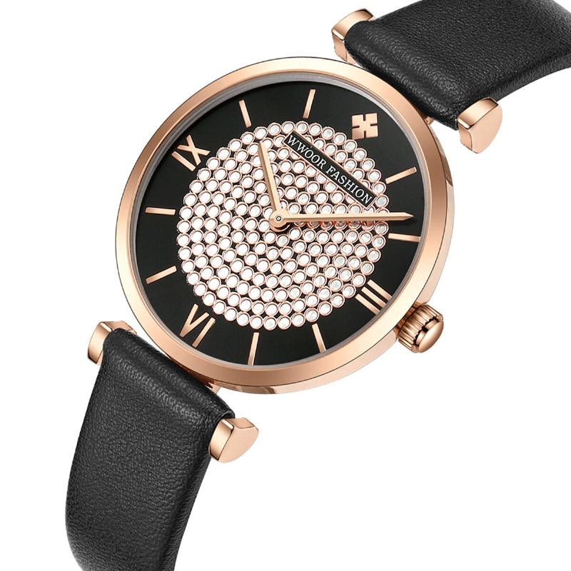 Sky Diamond Dial Damearmbåndsur Læderurbånd Quartz Watch