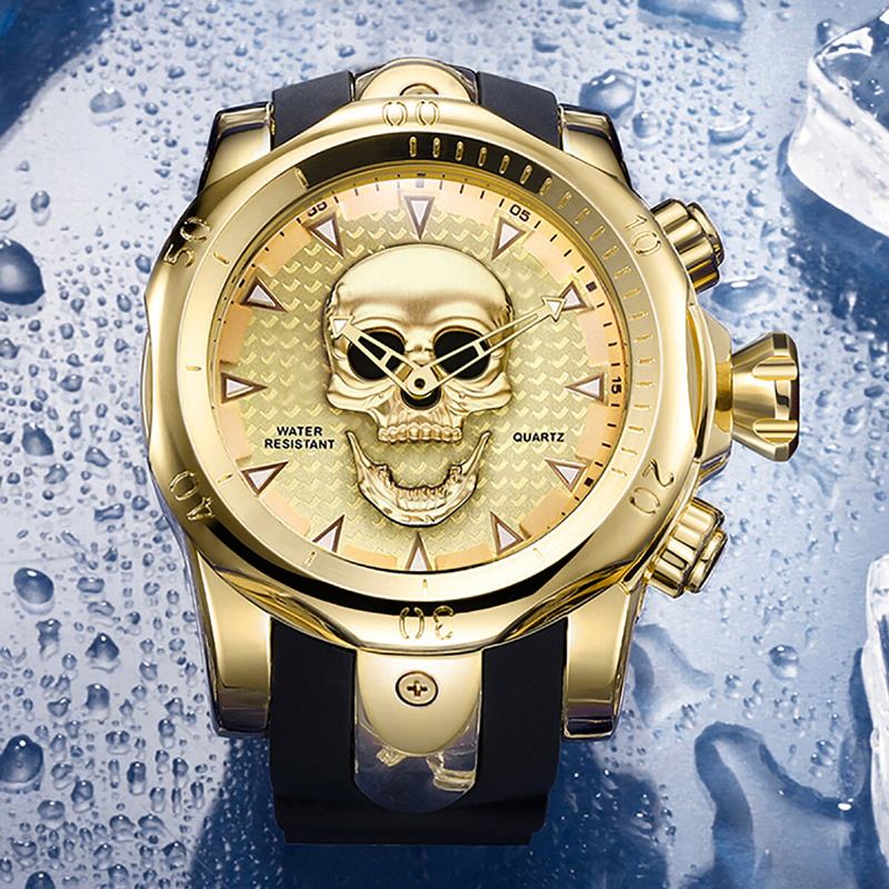 Stor Urskive Herre Business Watch Ghost Head Skull Dial Silikonebånd Vandtæt Quartz Watch