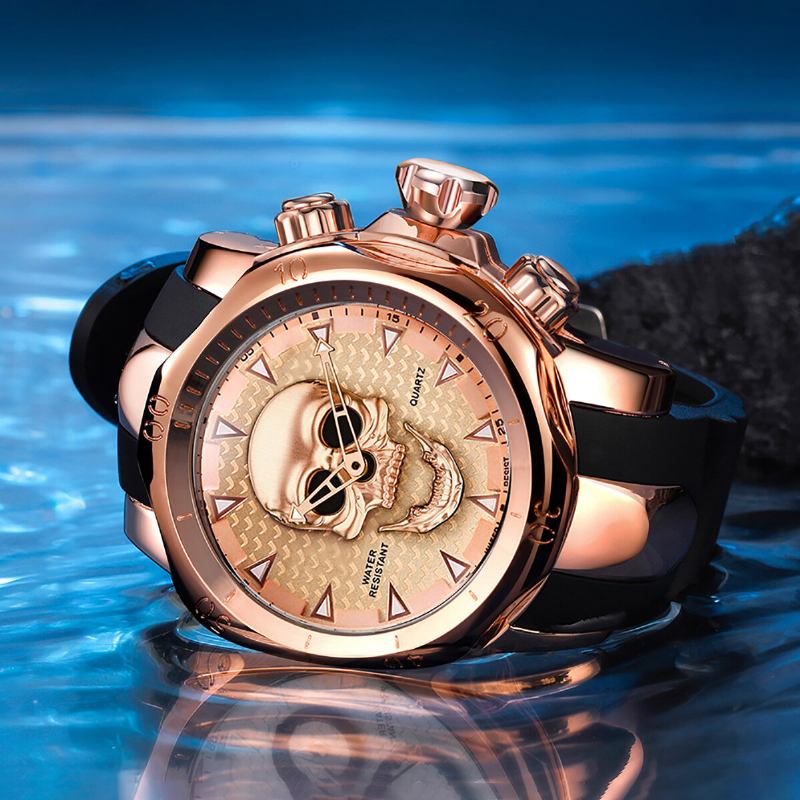 Stor Urskive Herre Business Watch Ghost Head Skull Dial Silikonebånd Vandtæt Quartz Watch