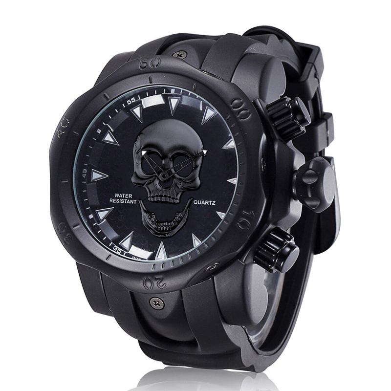 Stor Urskive Herre Business Watch Ghost Head Skull Dial Silikonebånd Vandtæt Quartz Watch