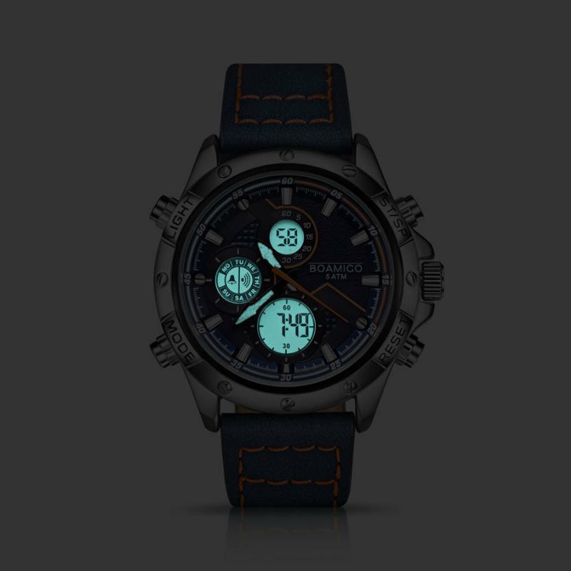 To Tidszoner Dual Display Watch Led Light Chronograph Alarm Mænd Quartz Ure