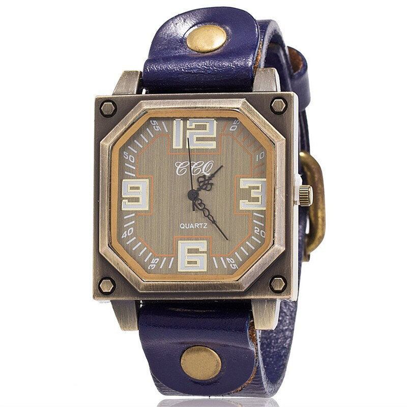 Vintage Casual Firkantet Skive Justerbar Octagon Læderrem Herre Quartz Watch Armbåndsur