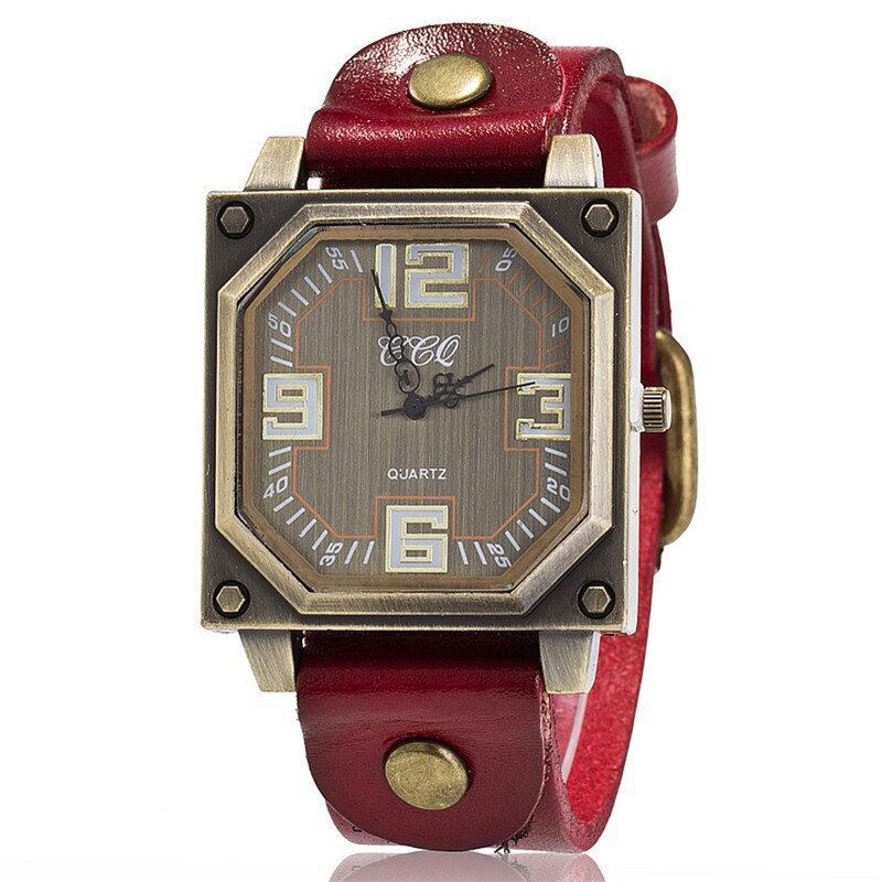 Vintage Casual Firkantet Skive Justerbar Octagon Læderrem Herre Quartz Watch Armbåndsur