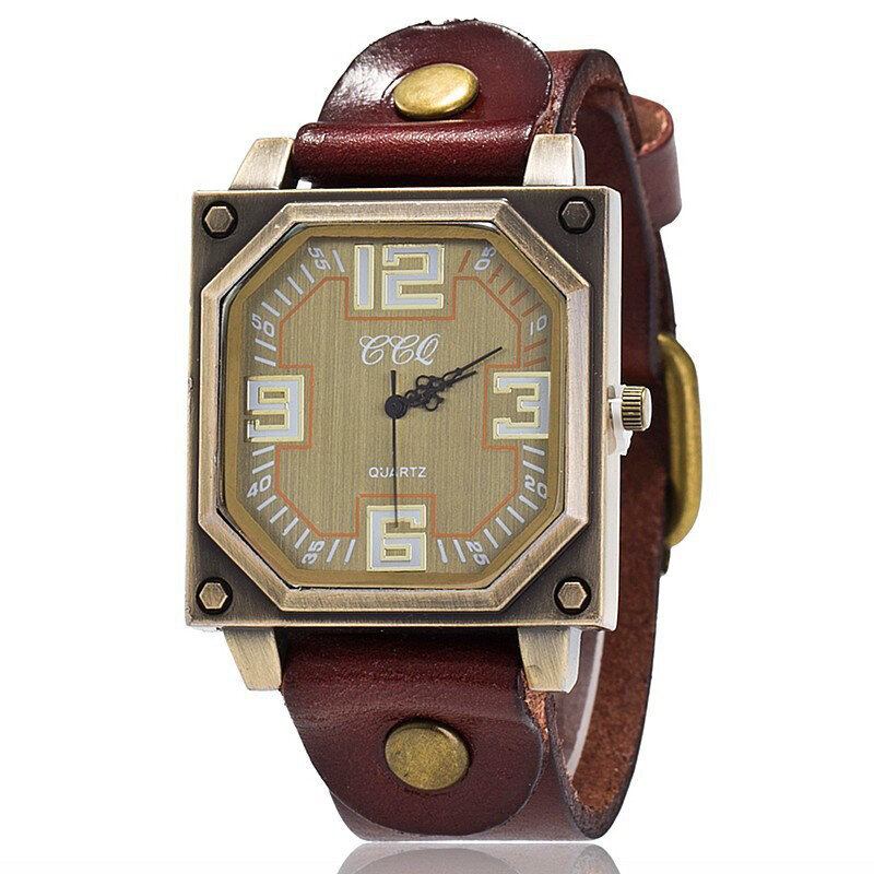 Vintage Casual Firkantet Skive Justerbar Octagon Læderrem Herre Quartz Watch Armbåndsur