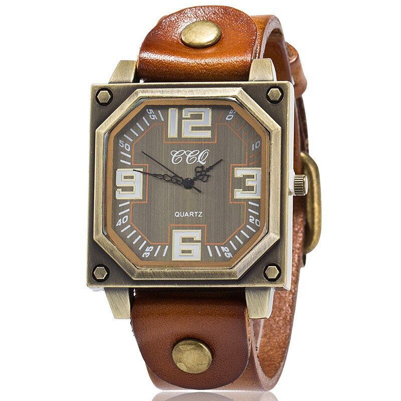 Vintage Casual Firkantet Skive Justerbar Octagon Læderrem Herre Quartz Watch Armbåndsur