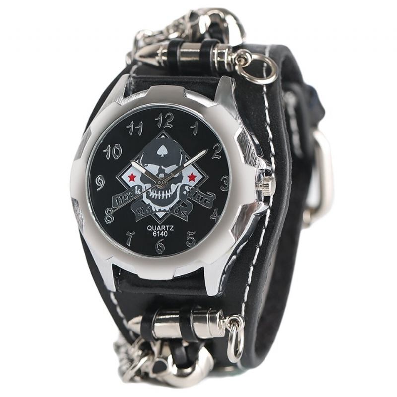 Vintage Firkantet Urskive Herreur Hollow Skull Læder Quartz Watch