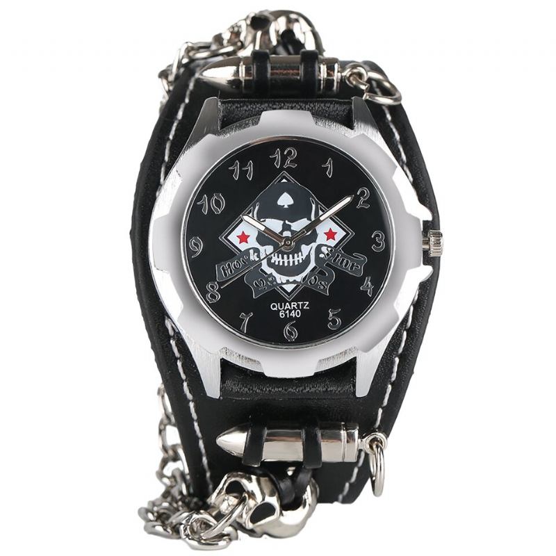 Vintage Firkantet Urskive Herreur Hollow Skull Læder Quartz Watch