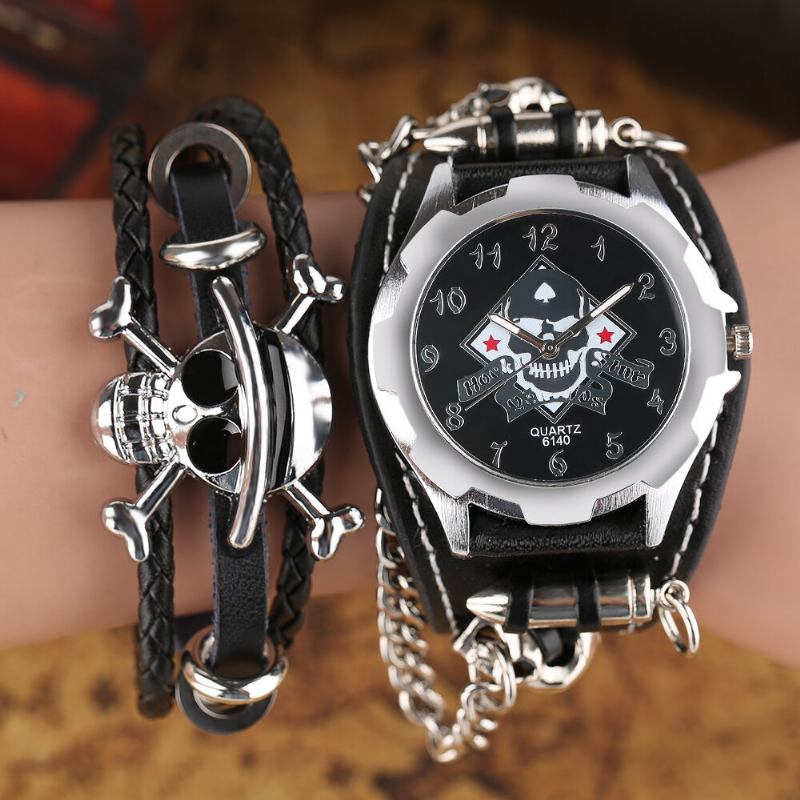 Vintage Firkantet Urskive Herreur Hollow Skull Læder Quartz Watch