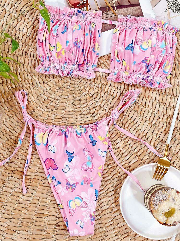 Animal Butterfly Printet Tie Tube Stropløs Bikini Beach Badetøj Til Kvinder