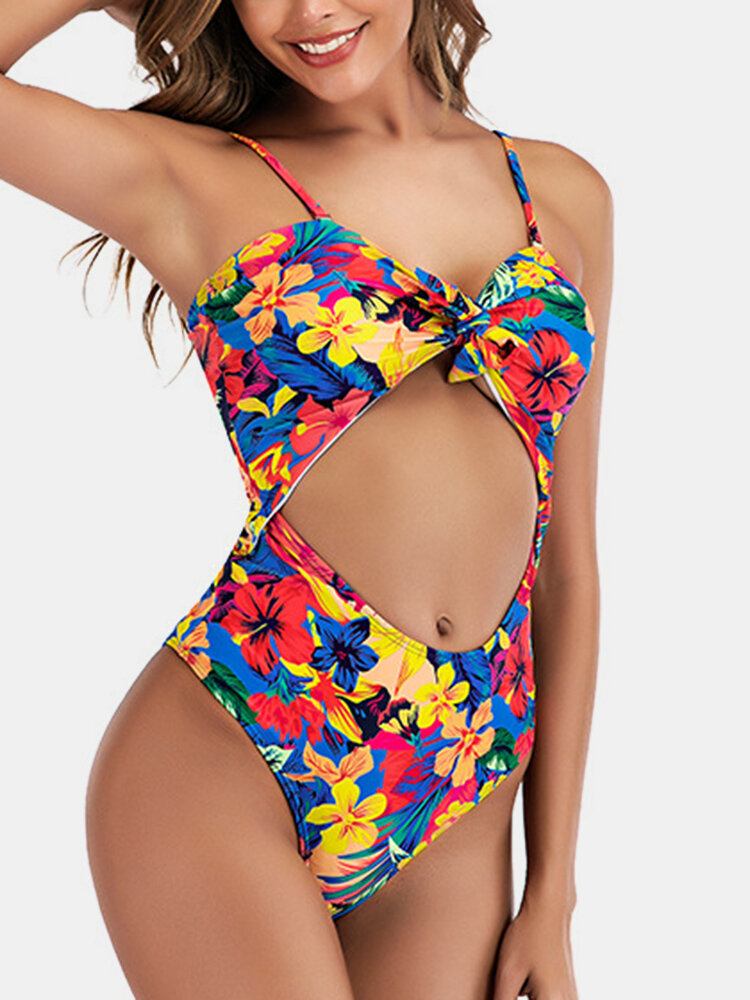 Blomsterprint Udskåret Knotted One Piece Hawaii Style Dame Strandbadetøj