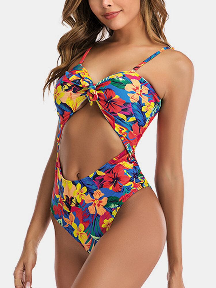 Blomsterprint Udskåret Knotted One Piece Hawaii Style Dame Strandbadetøj