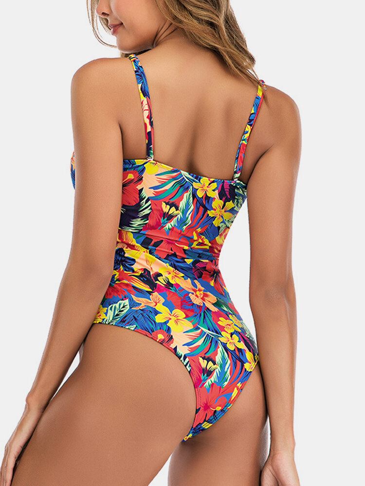 Blomsterprint Udskåret Knotted One Piece Hawaii Style Dame Strandbadetøj