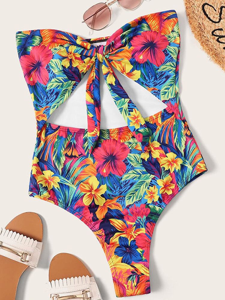 Blomsterprint Udskåret Knotted One Piece Hawaii Style Dame Strandbadetøj