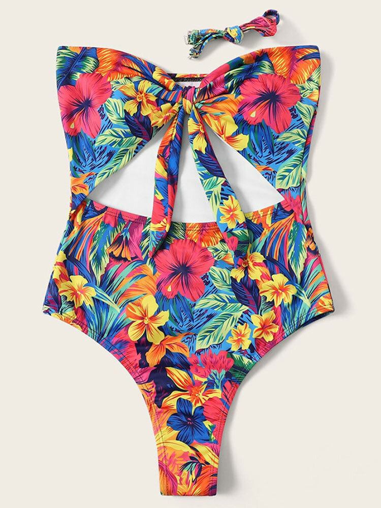 Blomsterprint Udskåret Knotted One Piece Hawaii Style Dame Strandbadetøj