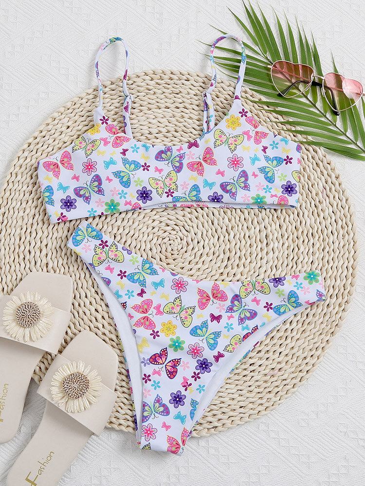 Butterfly Blomsterprint Ærmeløse Justerbare Stropper Strandbadetøj Bikini