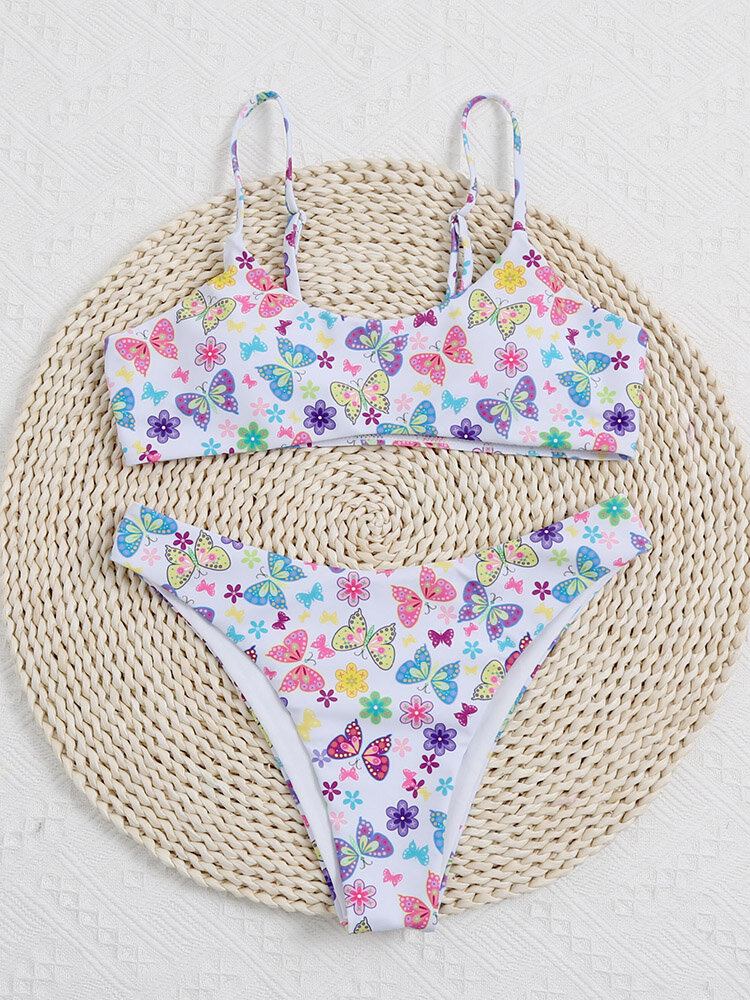 Butterfly Blomsterprint Ærmeløse Justerbare Stropper Strandbadetøj Bikini