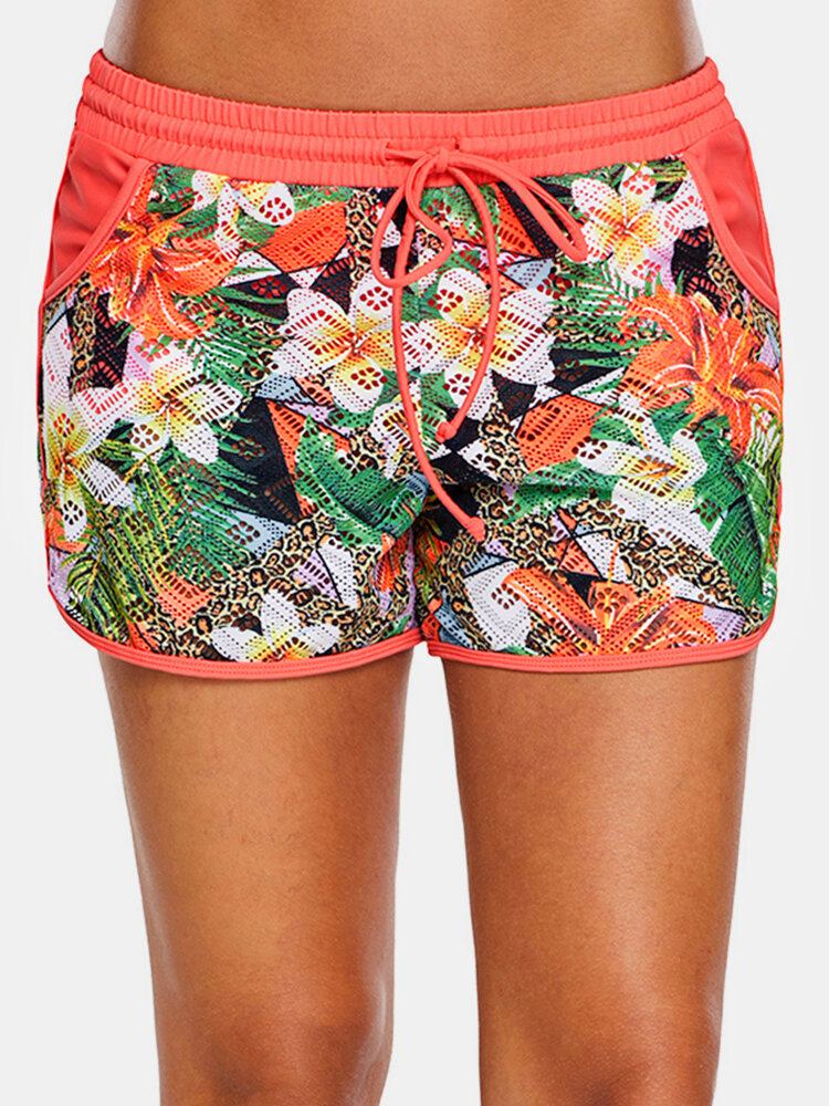 Dame Blomsterprint Hollow Out Snøre Svømmeboyshorts