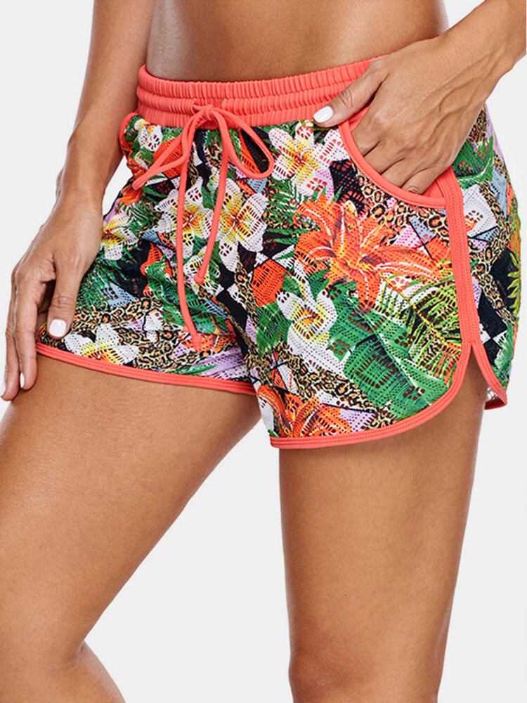 Dame Blomsterprint Hollow Out Snøre Svømmeboyshorts