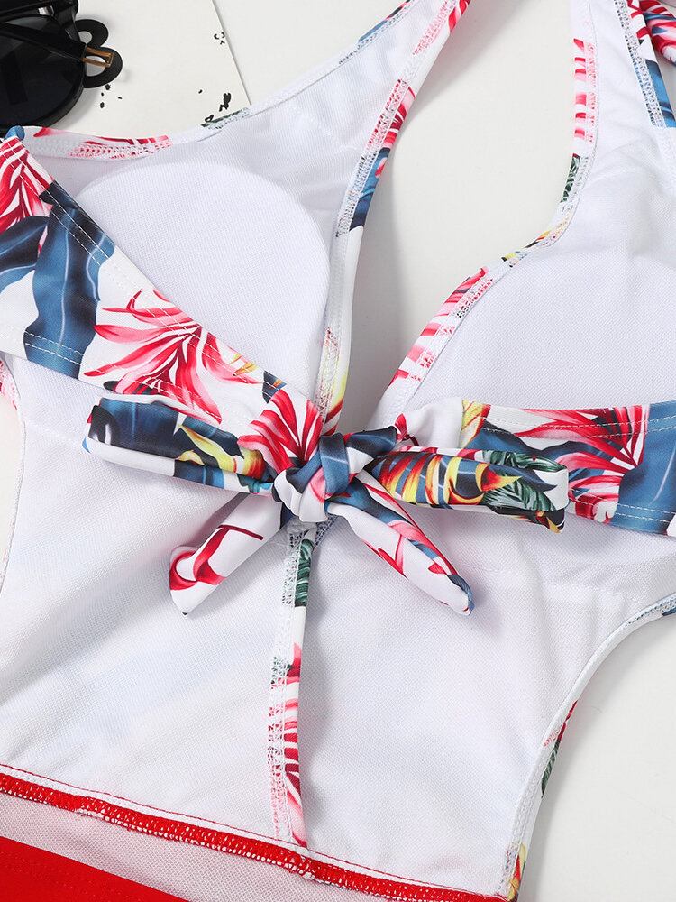 Dame Blomstertryk Patchwork V-hals Lavt Udskæring Halter I Et Stykke Holiday Beach Badetøj