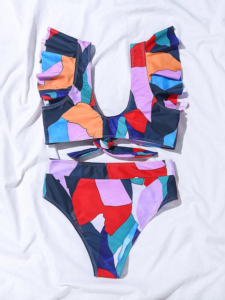 Dame Geometri Print Flæser Knot Højtalje Strandbikini