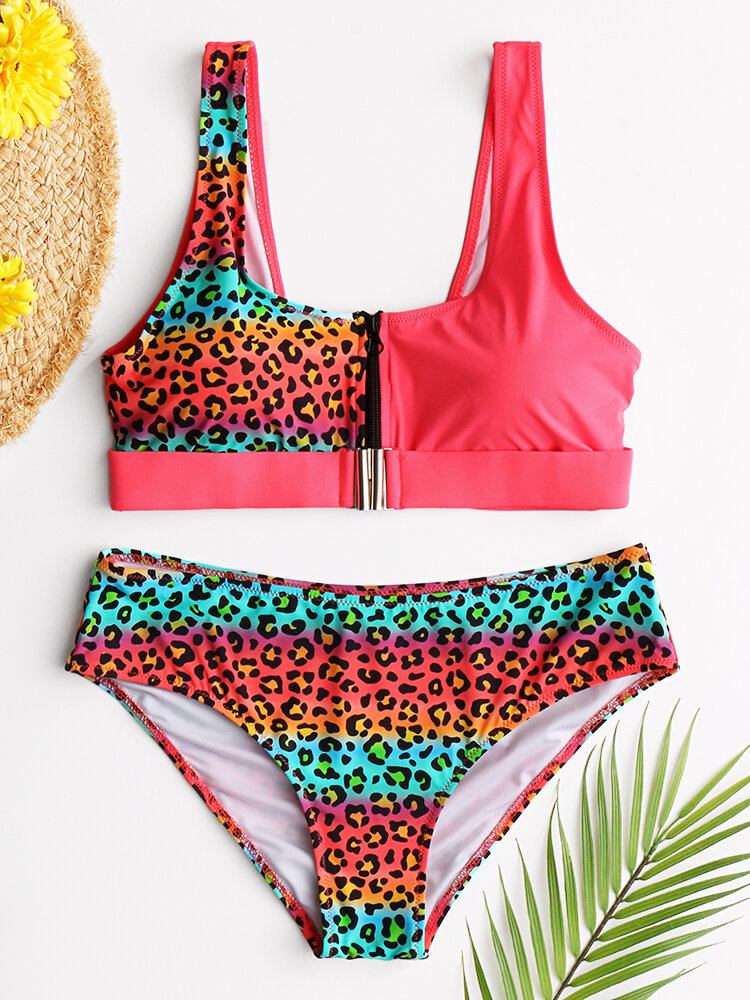 Dame Leopard Patchwork Front Lynlås Bikini Rygløst Badetøj