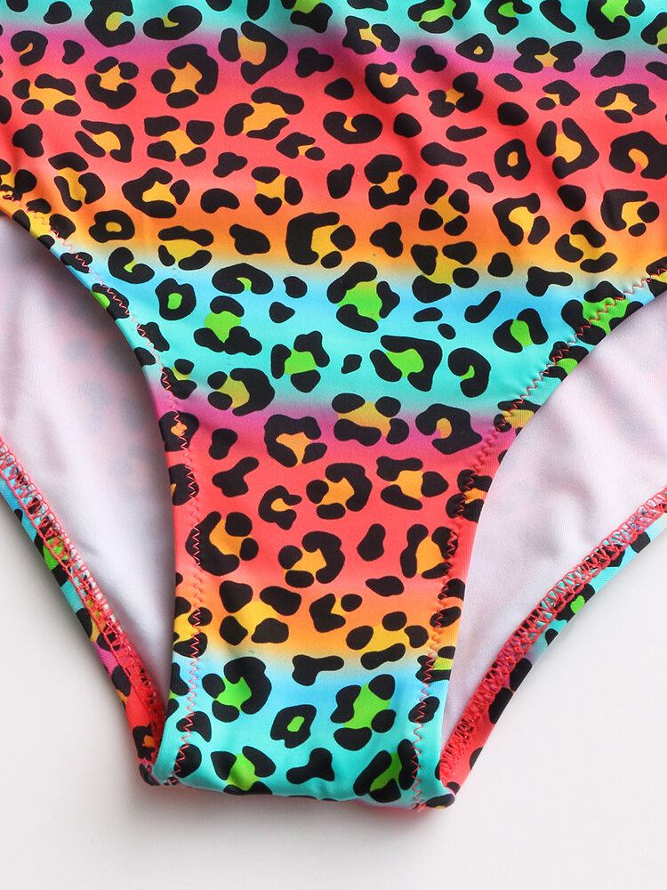 Dame Leopard Patchwork Front Lynlås Bikini Rygløst Badetøj