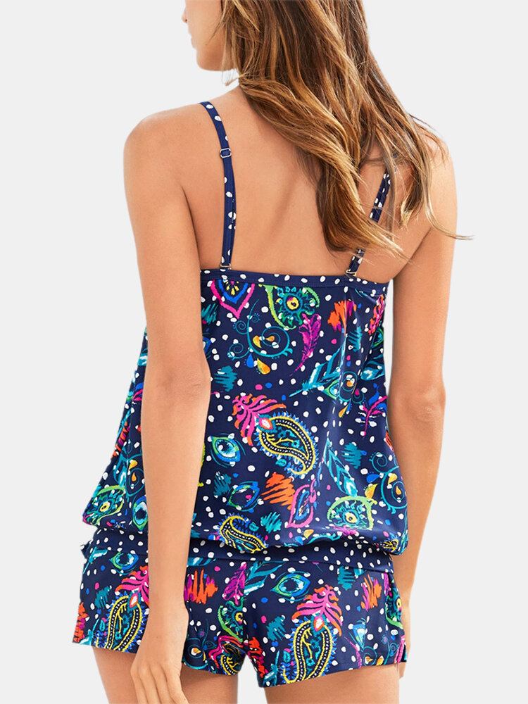 Dame Polka Dot Etnisk Print Trådløs Backless Strappy Tankinis Badetøj