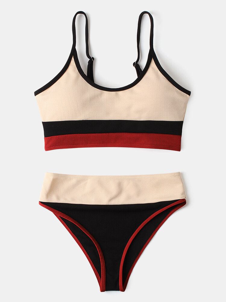 Dame Stripe Patchwork High Waist Bikini Rygløst Strandtøj